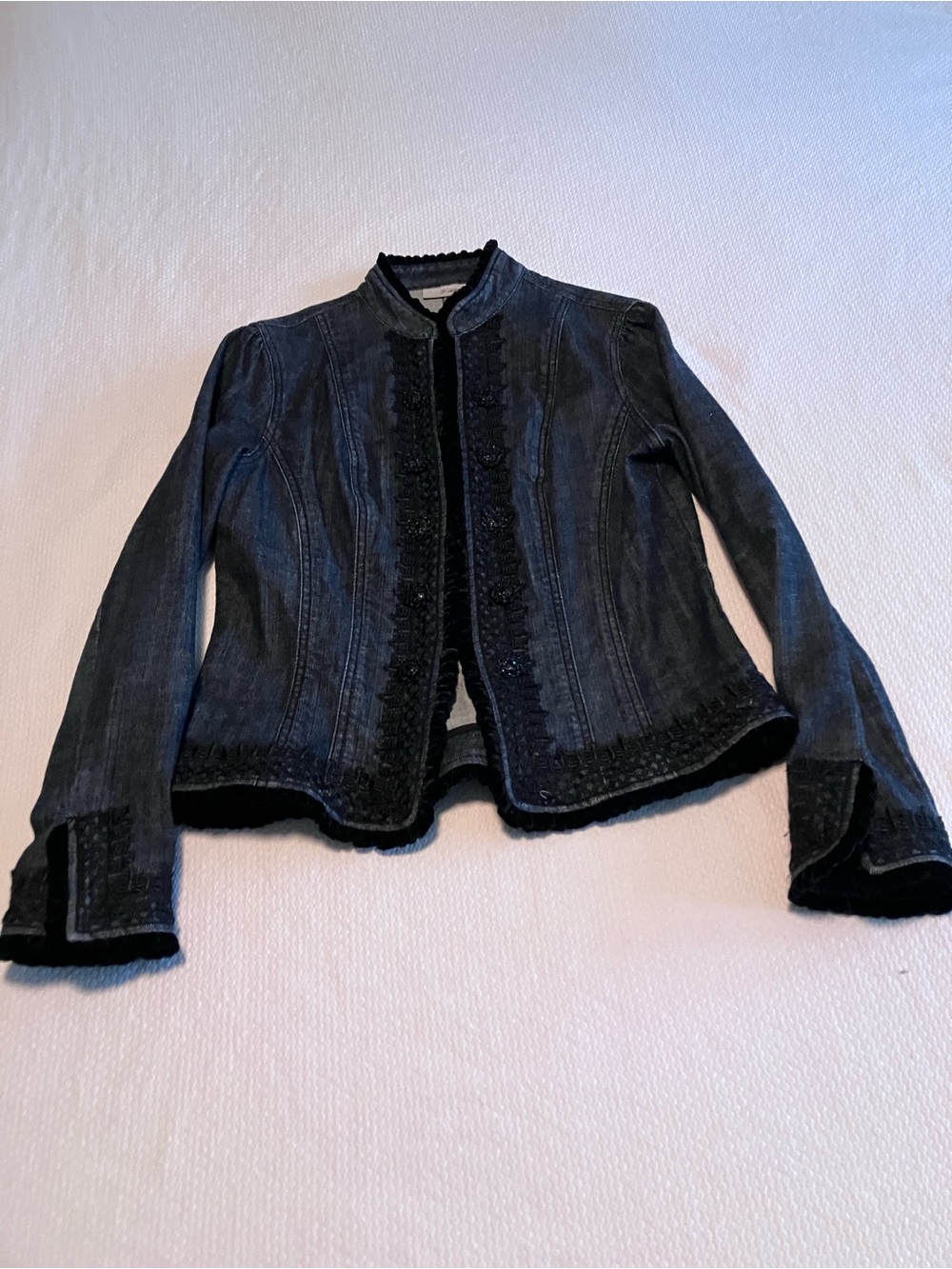 Like New Chico's Dark wash Denim-Style Jacket with Black Trim